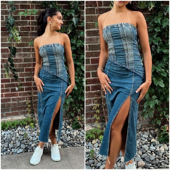 Zara  denim * strapless midi dress slit size XS - Picture 4 of 12